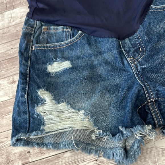 Pinkblush Dark Wash Distressed Raw Hem Maternity Full Panel Shorts - Picture 4 of 9